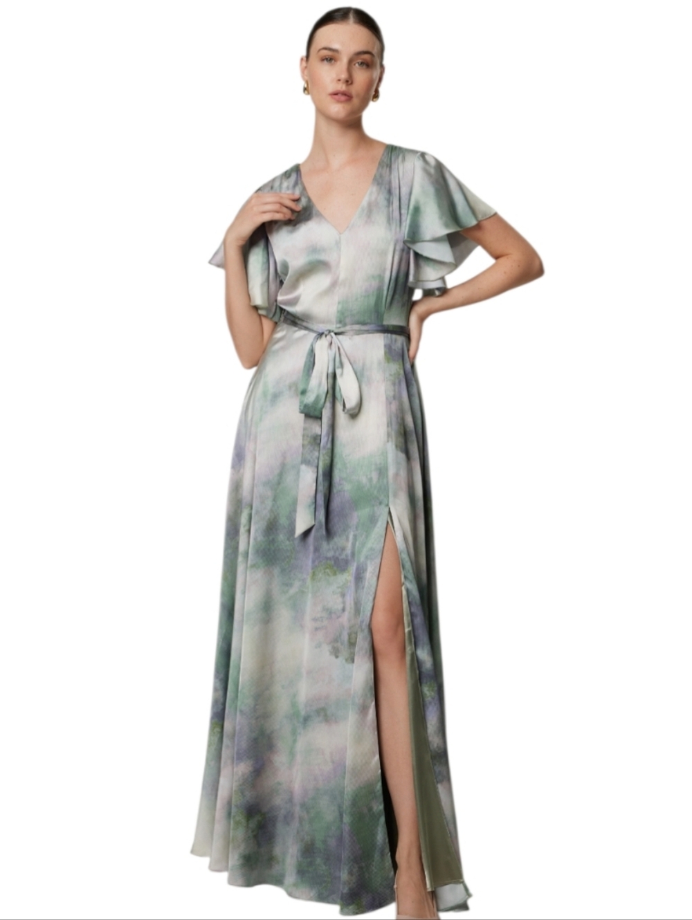 Satin Watercolor Floral Print Maxi Dress Size EU 42 Special Occasion Dreamy Chic